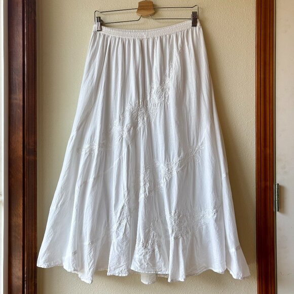 White Embroidered Floral 100% Cotton Midi Skirt Boho Peasant Skirt Size L Summer - Picture 4 of 9
